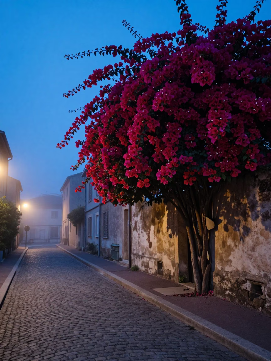 Pre-Dawn Mist Over Nice France Cobblestone Street with Bougainvillea and Vintage 1970s Details in in Nice, France