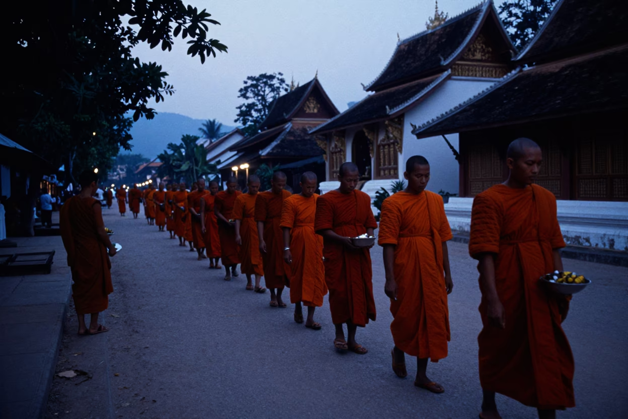 Pre-dawn Monks Alms Giving in Luang Prabang Laos with Saffron Robes in in Luang Prabang, Laos