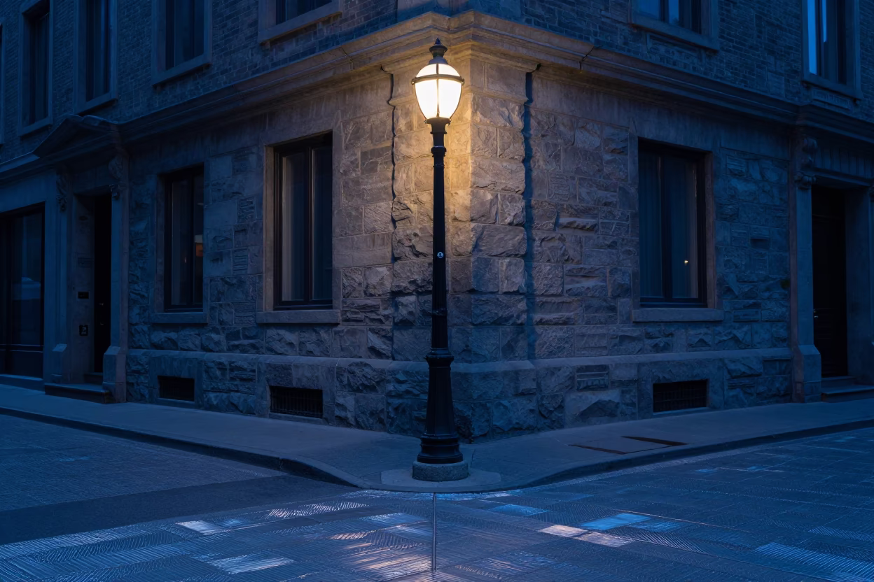 Pre-Dawn Montreal Street Scene with Brushed Steel Tile and Harmonica at Dawn in in Montreal, Quebec, Canada