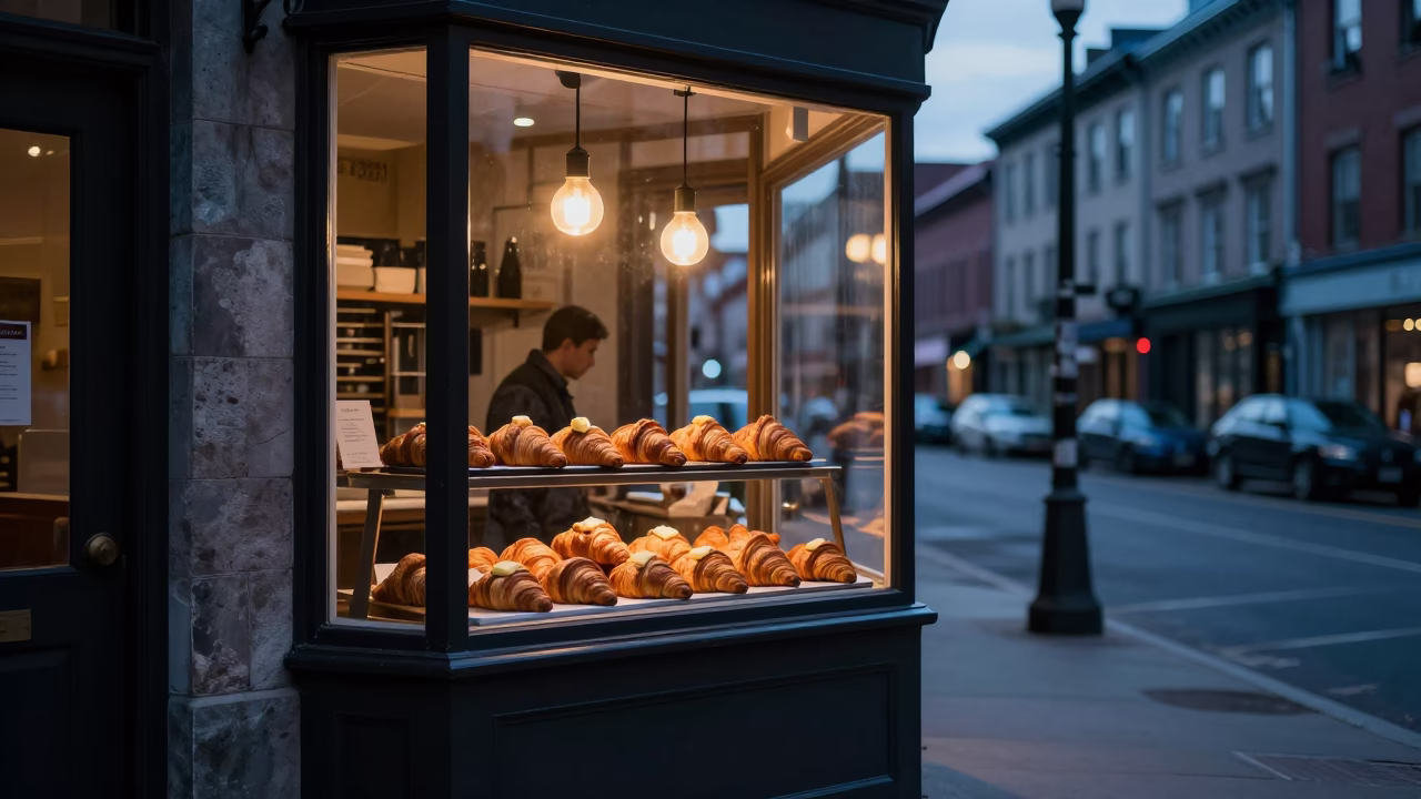 Pre-dawn Montreal Street Scene with Fresh Croissants and Coffee in Early Morning Light in in Montreal, Quebec, Canada