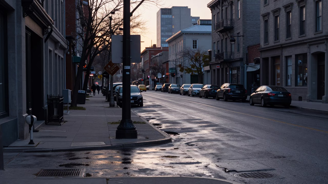Pre-dawn Montreal Street Scene with Grease Sheen and Urban Reflections Before Sunrise in in Montreal, Quebec, Canada