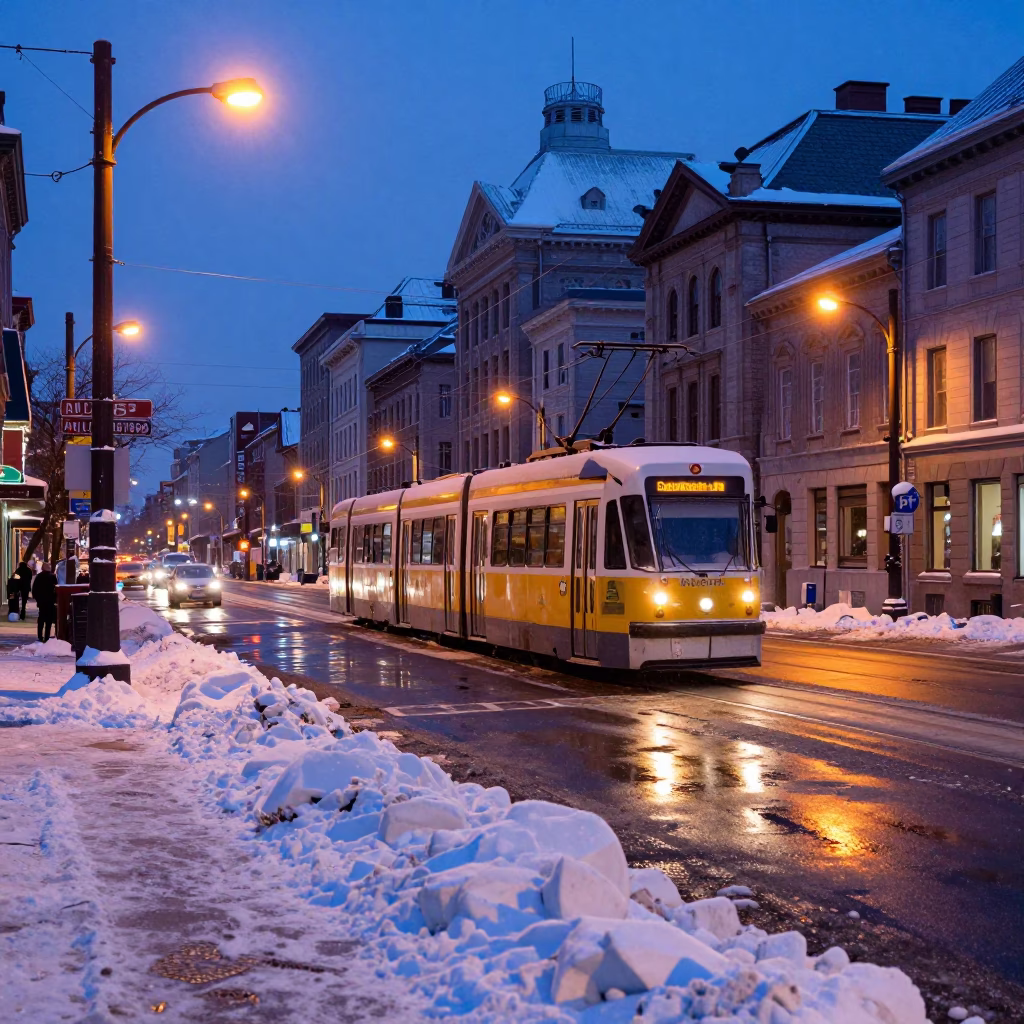 Pre-dawn Montreal street scene with snow-covered trams and historic architecture in in Montreal, Quebec, Canada