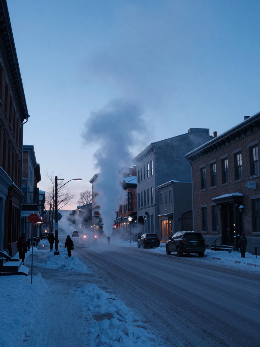 Pre-Dawn Montreal Street Scene with Steam and Snow on Snowy Sidewalk in in Montreal, Quebec, Canada