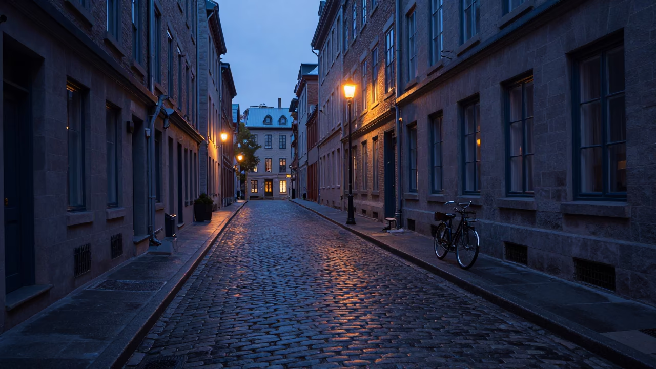 Pre-Dawn Montreal Street Scene with Vintage Bicycle and Cobblestone Alley in in Montreal, Quebec, Canada