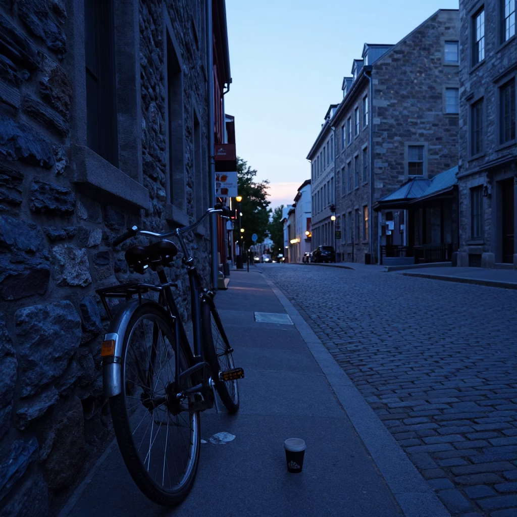 Pre-Dawn Montreal Street Scene with Vintage Bicycle and Coffee Cup in in Montreal, Quebec, Canada