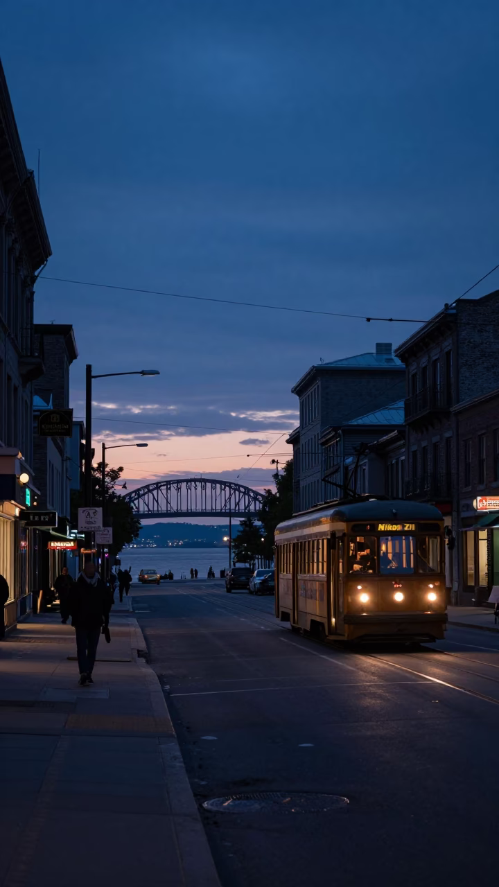 Pre-dawn Montreal street scene with vintage tram and quiet harbor bridge at sunrise in in Montreal, Quebec, Canada