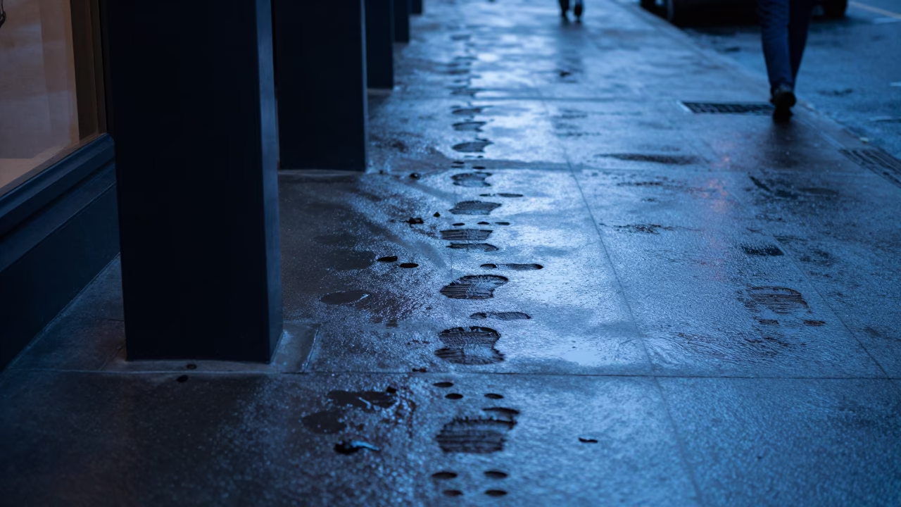 Pre-Dawn Montreal Street Scene with Wet Footsteps and Perforated Metal Pedestrian Overpass in in Montreal, Quebec, Canada