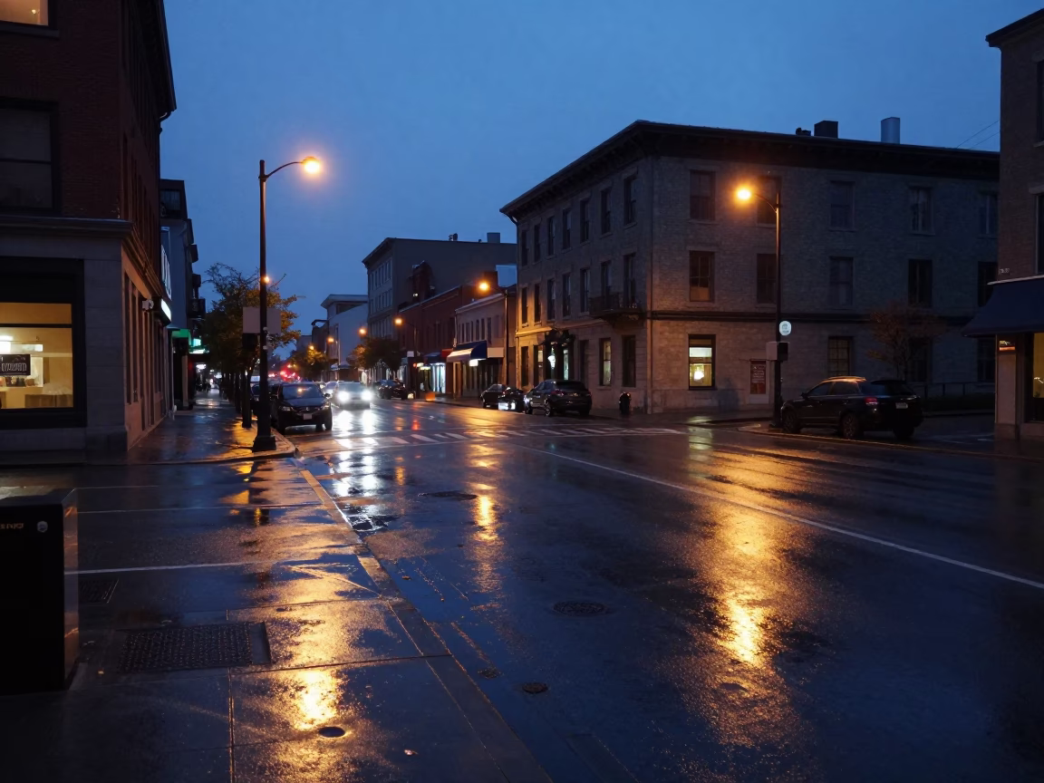 Pre-dawn Montreal street scene with wet pavement and urban infrastructure in in Montreal, Quebec, Canada
