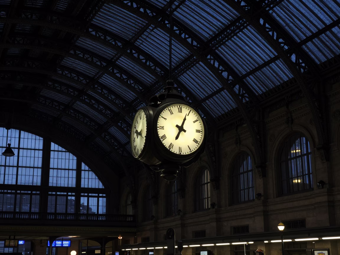 Pre-dawn Montreal Train Station Interior with Clock and Iron Roof Architecture in in Montreal, Quebec, Canada