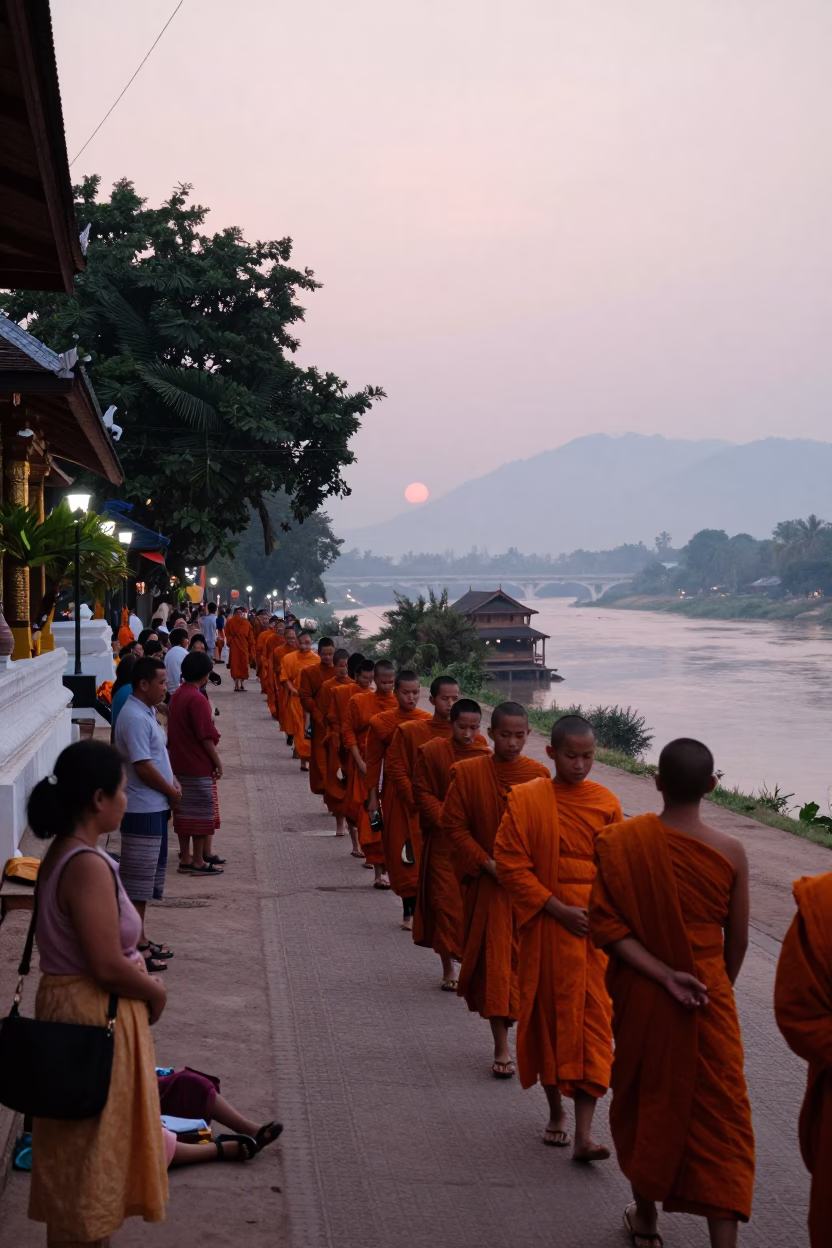Pre-dawn Morning Alms Ceremony in Luang Prabang Laos with Monks and Locals in in Luang Prabang, Laos