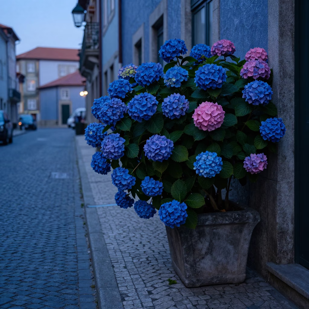 Pre-Dawn Morning in Porto Portugal Street Scene with Hydrangea Bush and Traditional Architecture in in Porto, Portugal