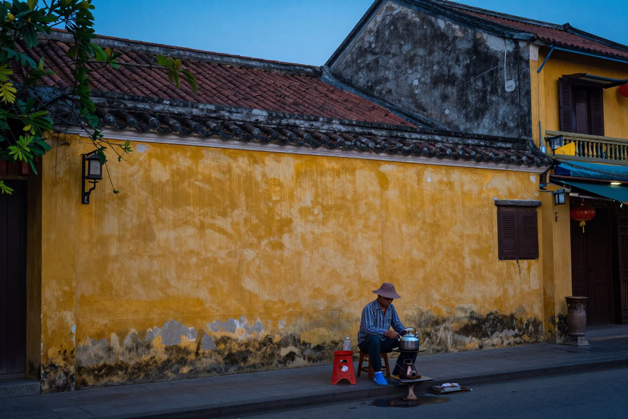 Pre-Dawn Morning Street Life in Hoi An Vietnam with Vendor and Heritage Architecture in in Hoi An, Vietnam