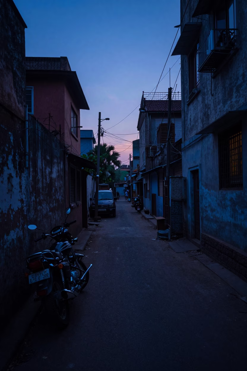 Pre-dawn Mumbai Street Scene with Motorcycle and Lived-in Urban Details in in Mumbai, India