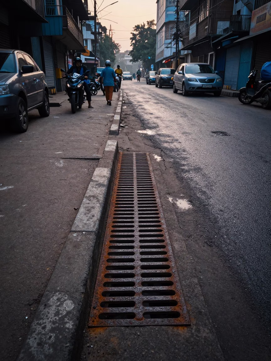 Pre-Dawn Mumbai Street Scene with Rusty Drain and Wet Urban Details in in Mumbai, India