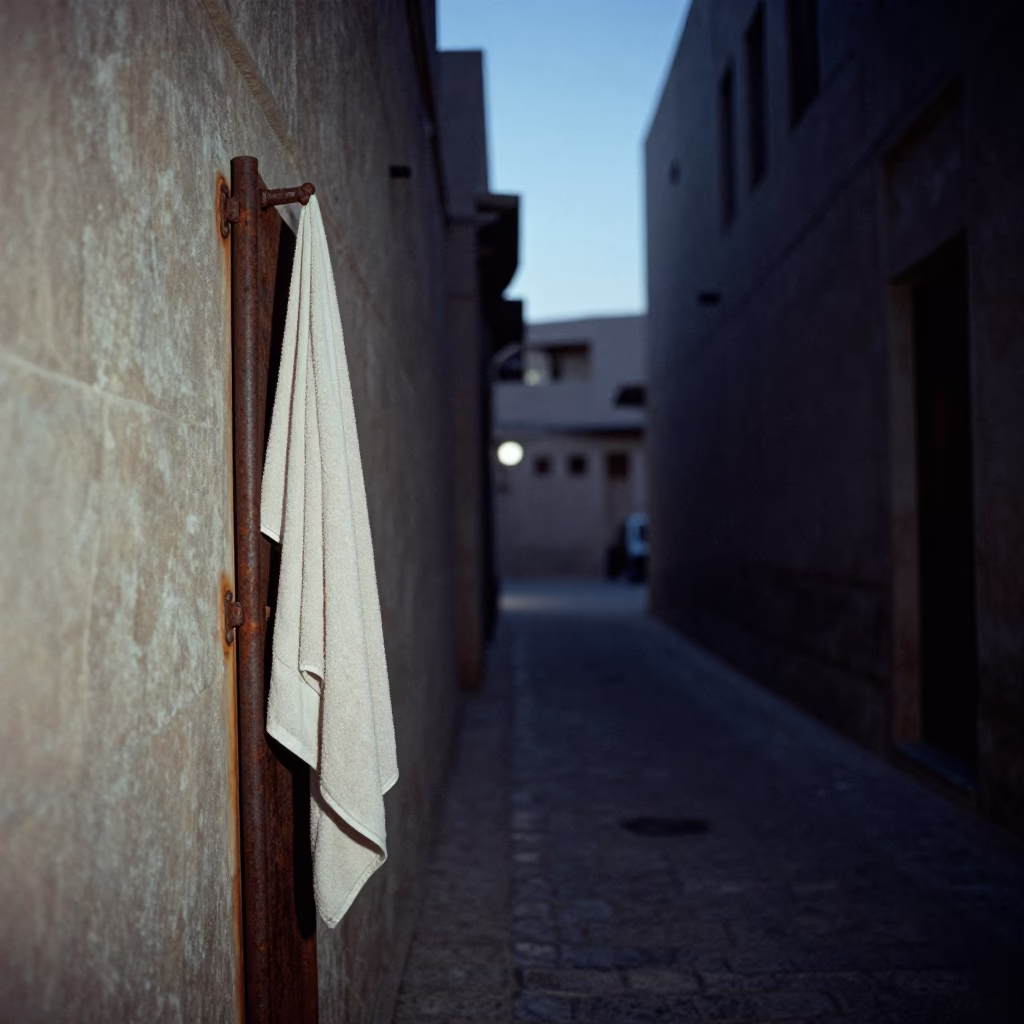 Pre-dawn Muscat alleyway with rusted hinge and draped towel edge in in Muscat, Oman