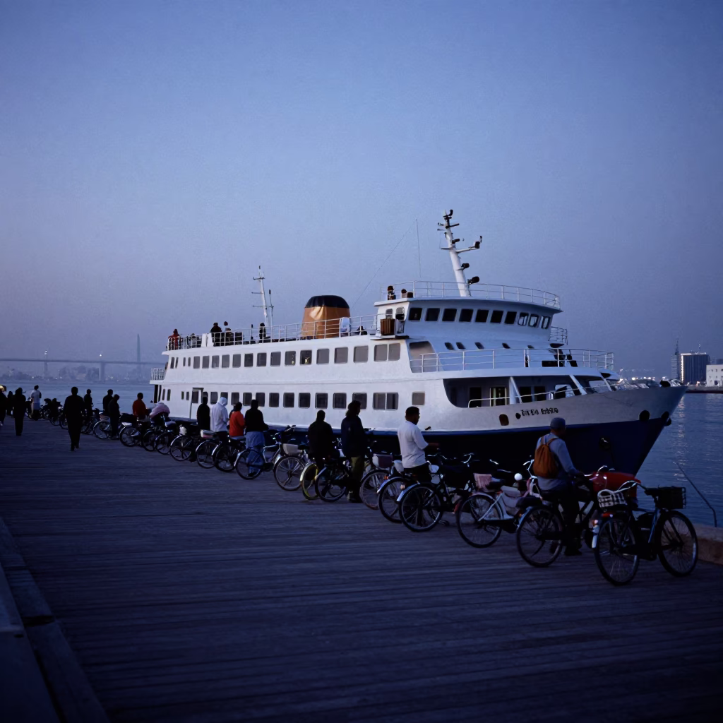 Pre-Dawn Muscat Oman Harbor Ferry Loading Passengers and Bicycles at Dawn in in Muscat, Oman