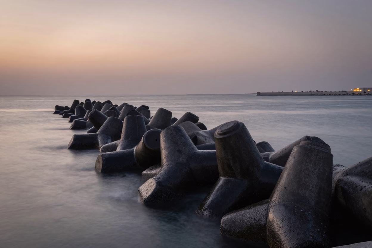 Pre-dawn Muscat Oman harbor scene with breakwater tetrapods and calm sea horizon in in Muscat, Oman