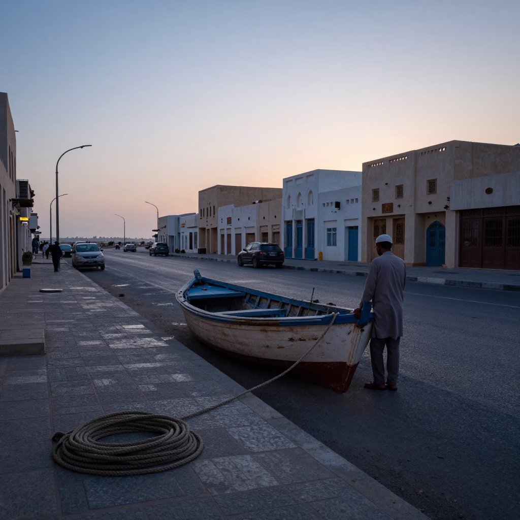 Pre-dawn Muscat street scene with coiled rope and early morning light in in Muscat, Oman
