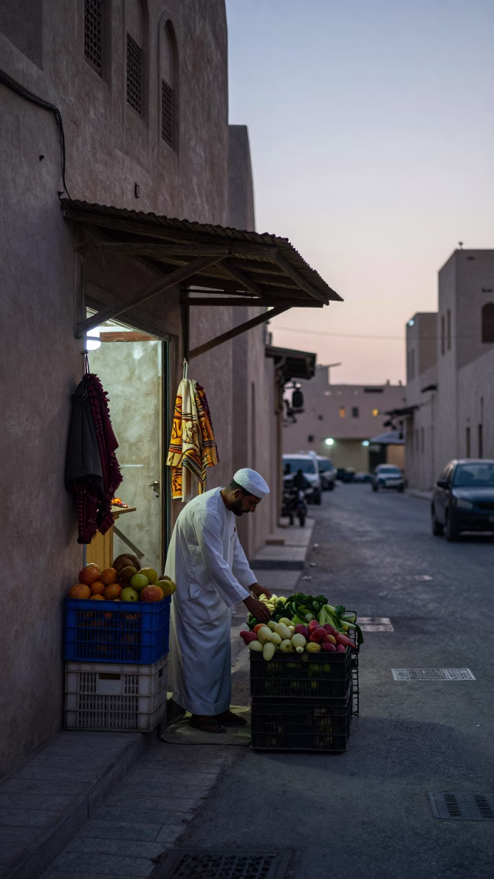 Pre-dawn Muscat Street Scene with Local Shopkeeper and Traditional Decor in in Muscat, Oman