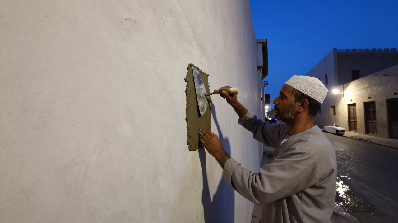 Pre-dawn Muscat street scene with mason's trowel and wet mortar on scaffold in in Muscat, Oman