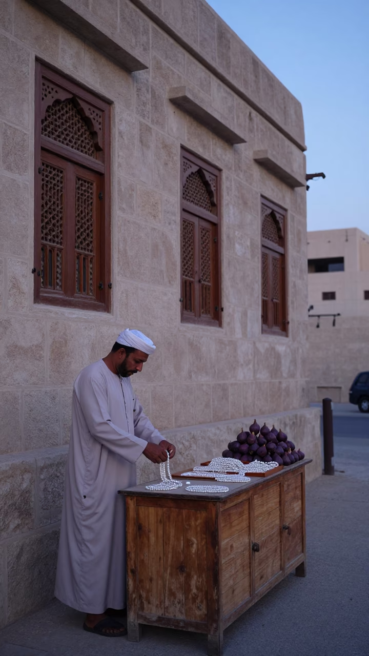 Pre-dawn Muscat Street Scene with Pearl Merchant and Fig Stall in in Muscat, Oman