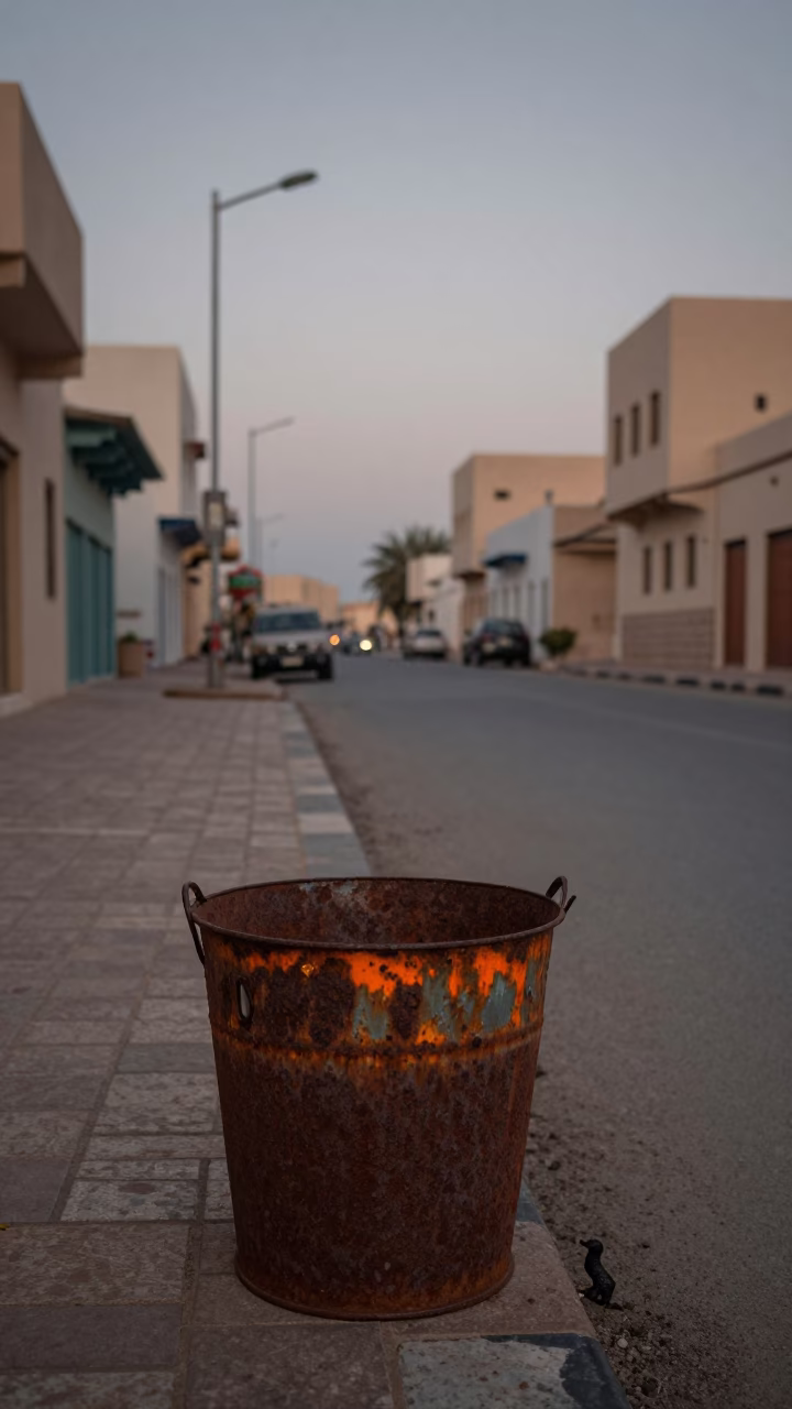 Pre-dawn Muscat Street Scene with Rusty Bucket and Hermit Crab Migration in in Muscat, Oman