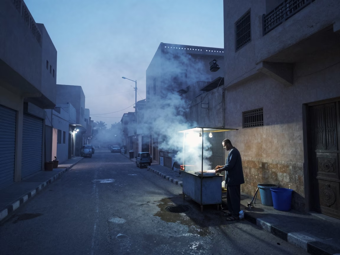 Pre-Dawn Muscat Street Scene with Steam Haze and Local Commerce in in Muscat, Oman