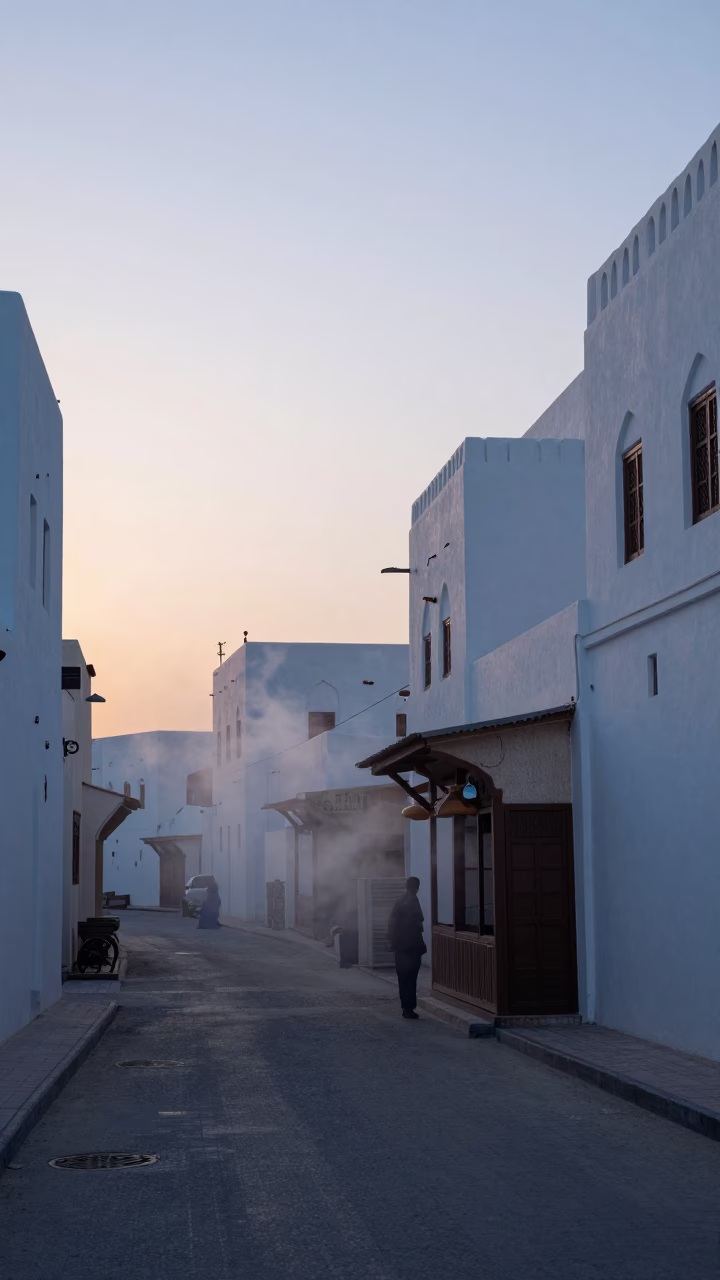 Pre-dawn Muscat Street Scene with Steam Haze and Local Morning Activity in in Muscat, Oman