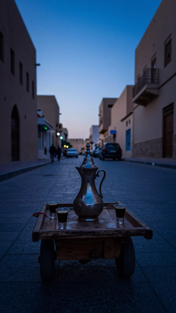 Pre-dawn Muscat Street Scene with Traditional Arabic Coffee Pot and Colorful Glass Bottles in in Muscat, Oman