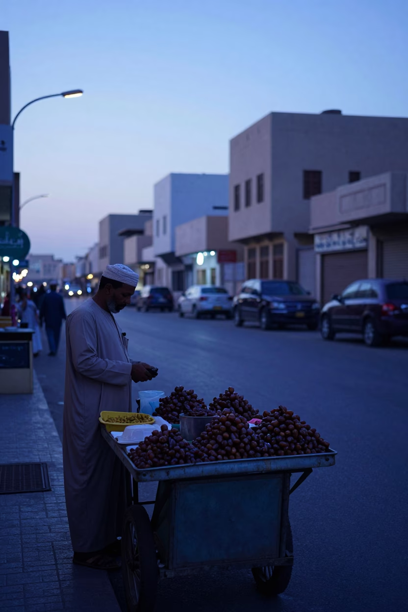 Pre-dawn Muscat street scene with vendor stall and early morning activity in in Muscat, Oman