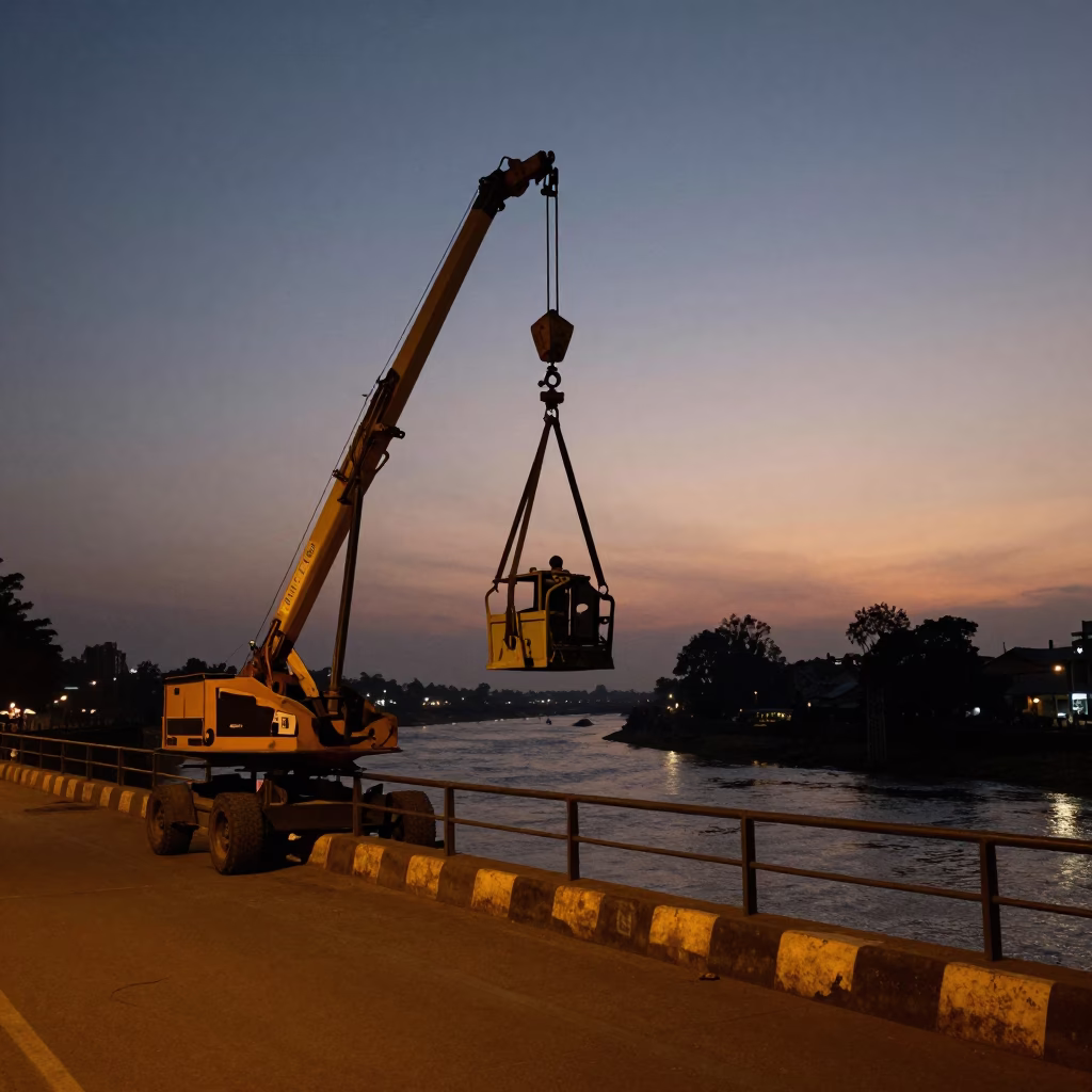 Pre-dawn Nairobi street scene with bridge maintenance cradle and dust mop in in Nairobi, Kenya