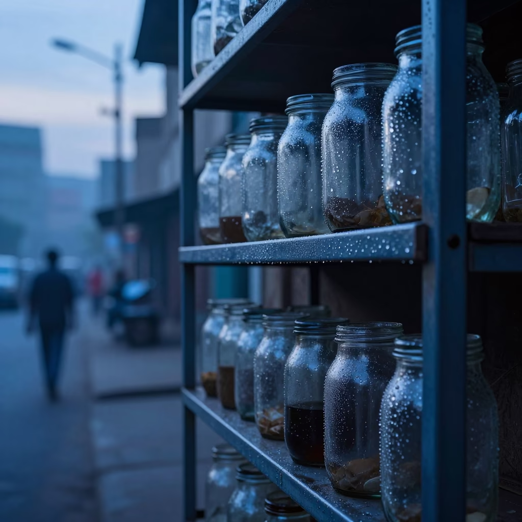 Pre-dawn Nairobi street scene with condensation on metal shelf and terracotta pot in in Nairobi, Kenya