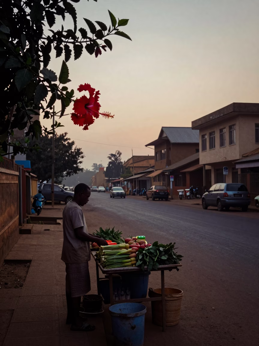 Pre-dawn Nairobi street scene with hibiscus flower and morning market activity in in Nairobi, Kenya
