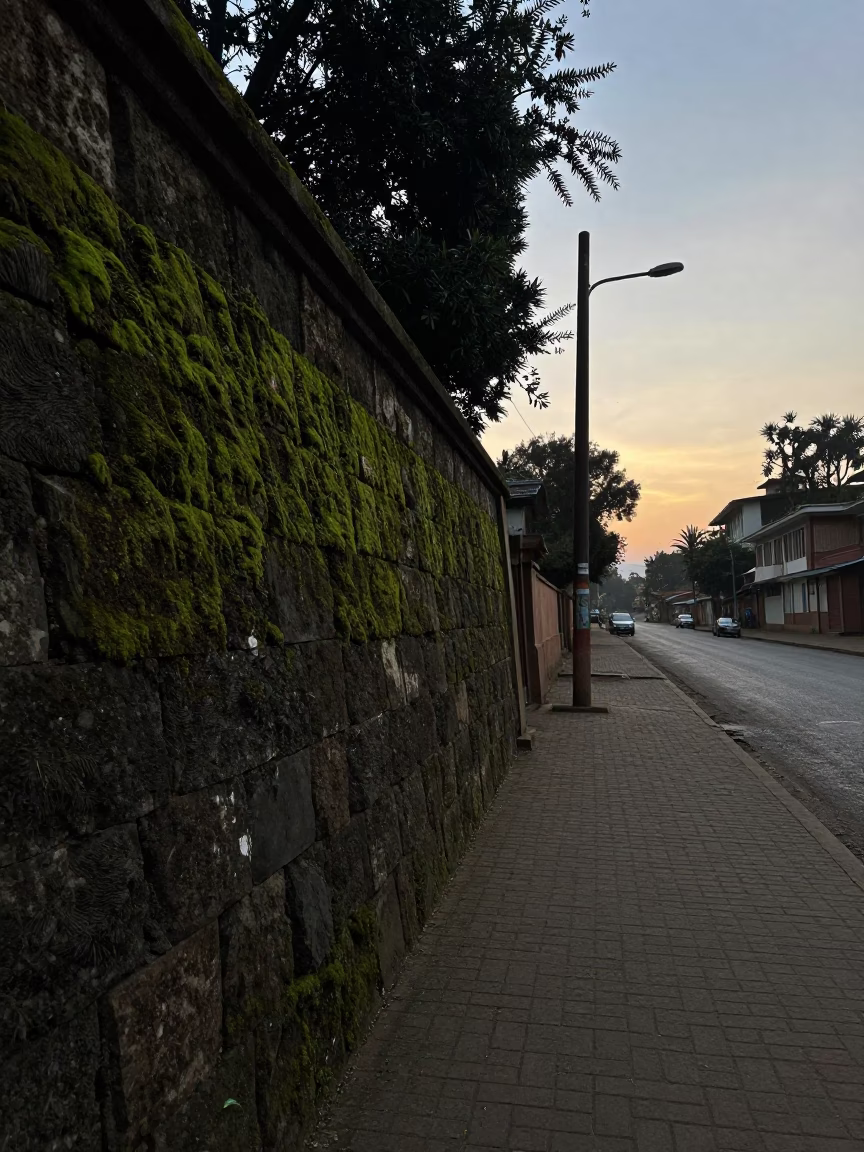 Pre-dawn Nairobi street scene with mossy stone wall and quiet urban stillness in in Nairobi, Kenya