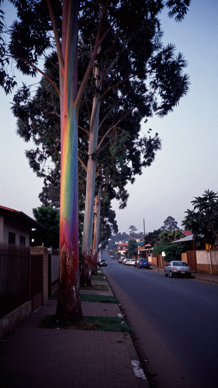 Pre-dawn Nairobi street scene with rainbow eucalyptus and quiet urban stillness in in Nairobi, Kenya