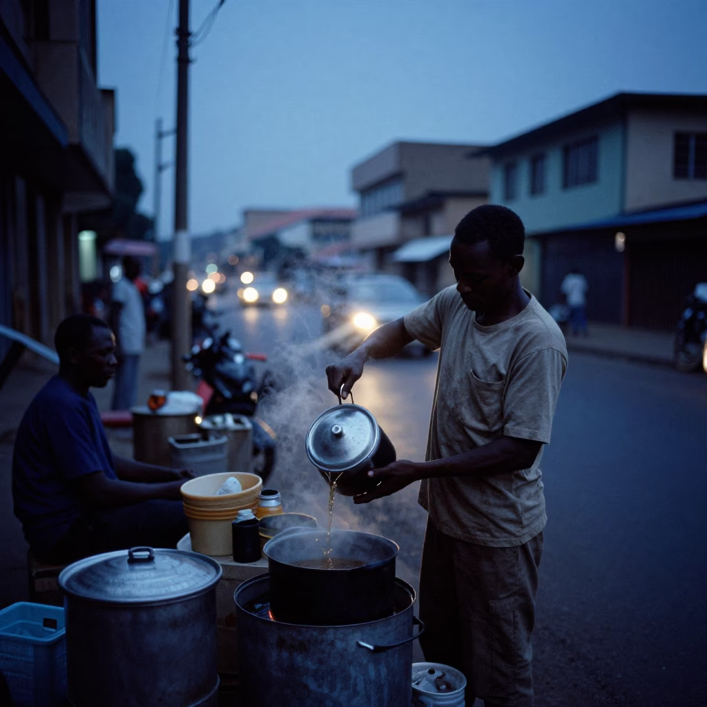 Pre-dawn Nairobi street scene with vendor preparing tea and local commuters in in Nairobi, Kenya