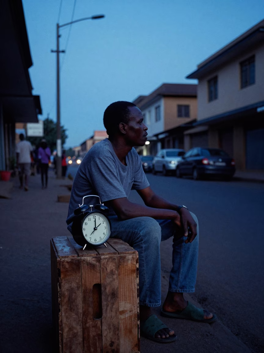 Pre-Dawn Nairobi Street Scene with Vintage Alarm Clock and Brass Details in in Nairobi, Kenya