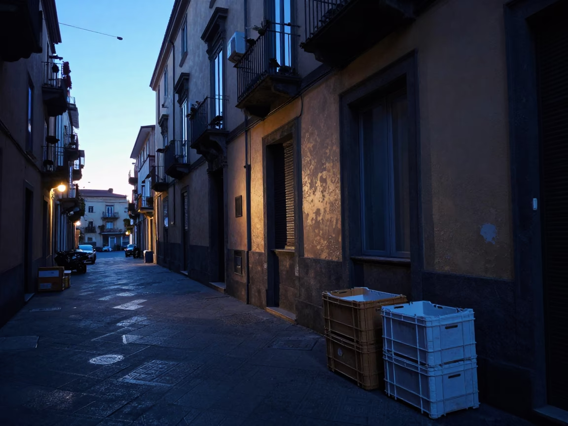 Pre-dawn Naples Italy street scene with crates and morning light in in Naples, Italy