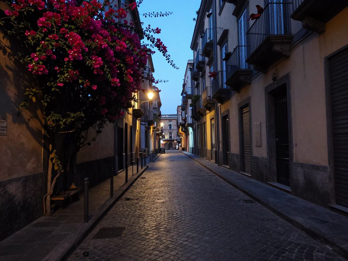 Pre-dawn Naples Street Scene with Bougainvillea and Cobblestone Alley in in Naples, Italy