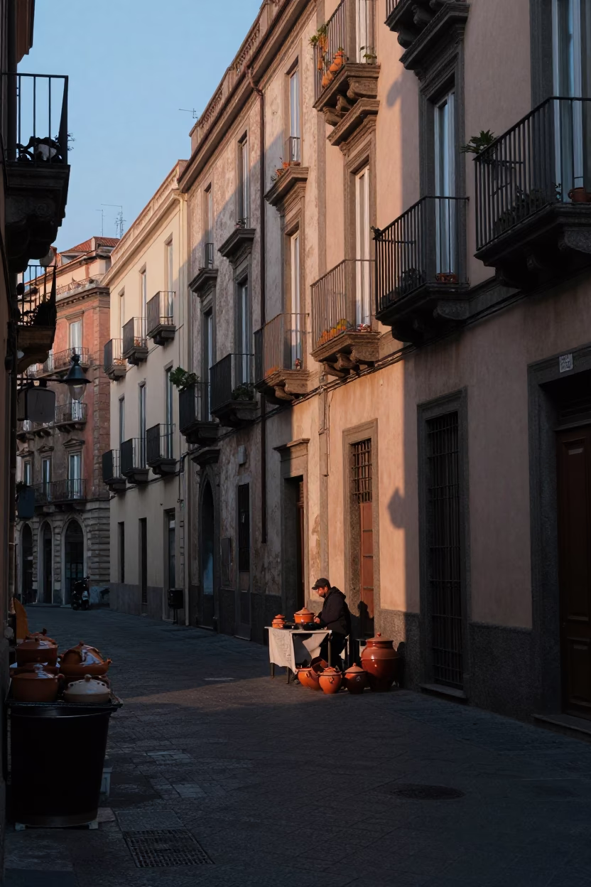 Pre-dawn Naples street scene with ceramic cooking pots and morning light in in Naples, Italy