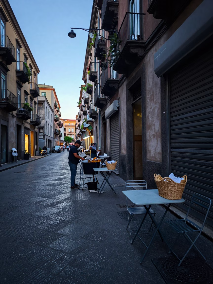 Pre-Dawn Naples Street Scene with Folding Tables and Basket Trays Before Sunrise in in Naples, Italy
