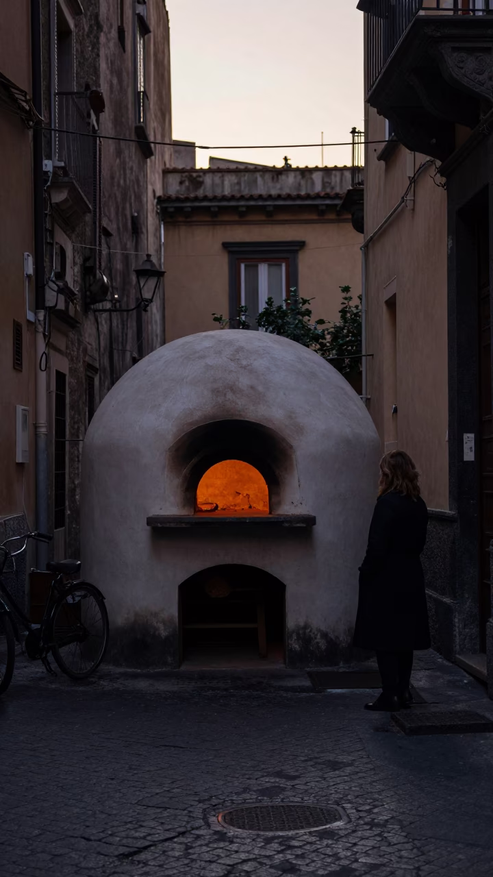 Pre-dawn Naples street scene with traditional bread oven and quiet morning stillness in in Naples, Italy