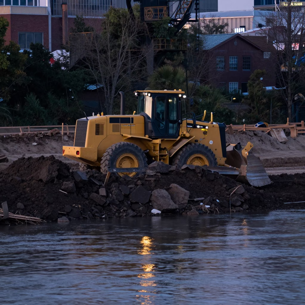 Pre-dawn Nashville Construction Site with Bulldozer and River Light in in Nashville, Tennessee, United States