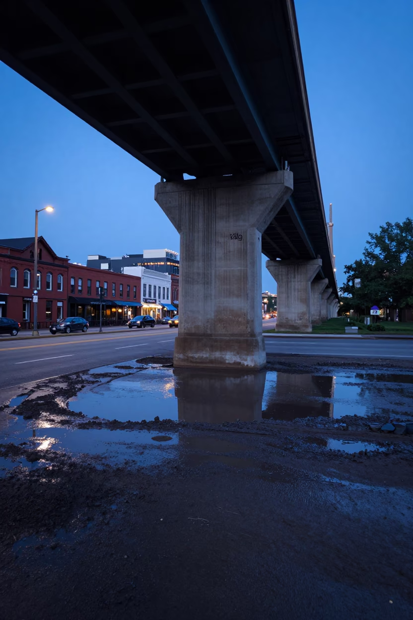 Pre-Dawn Nashville Street Scene with Bridge Pier and Muddy Floodwater Reflections in in Nashville, Tennessee, United States