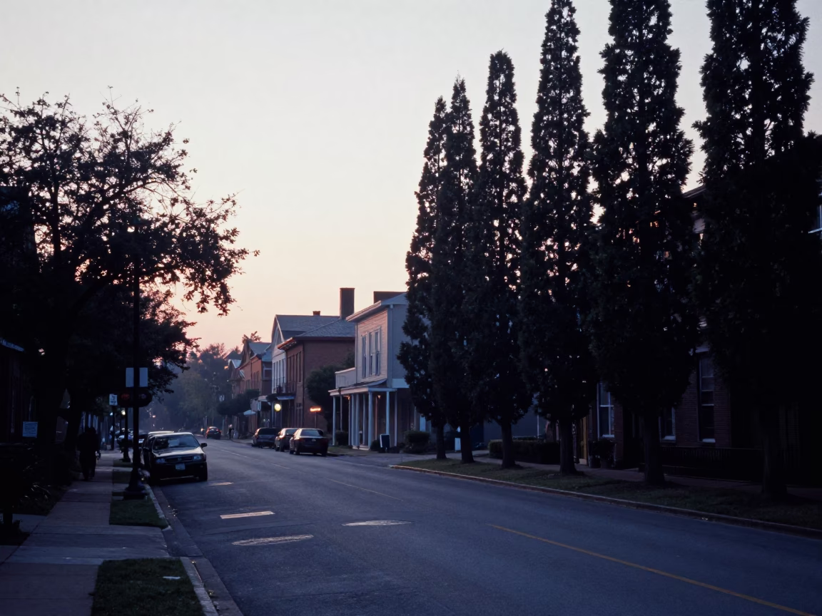 Pre-dawn Nashville Tennessee Street Scene with Cypress Trees and Quiet Morning Light in in Nashville, Tennessee, United States