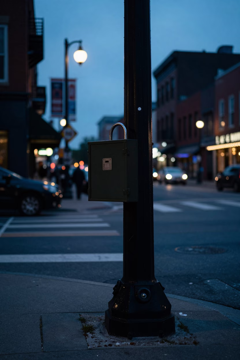 Pre-dawn Nashville Tennessee Street Scene with Lockbox and Urban Details in in Nashville, Tennessee, United States