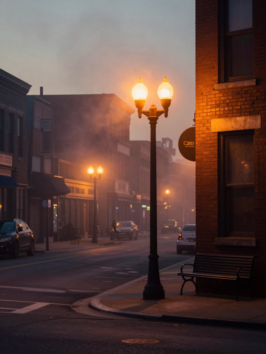 Pre-dawn Nashville Tennessee street scene with steam haze and vintage architecture in in Nashville, Tennessee, United States