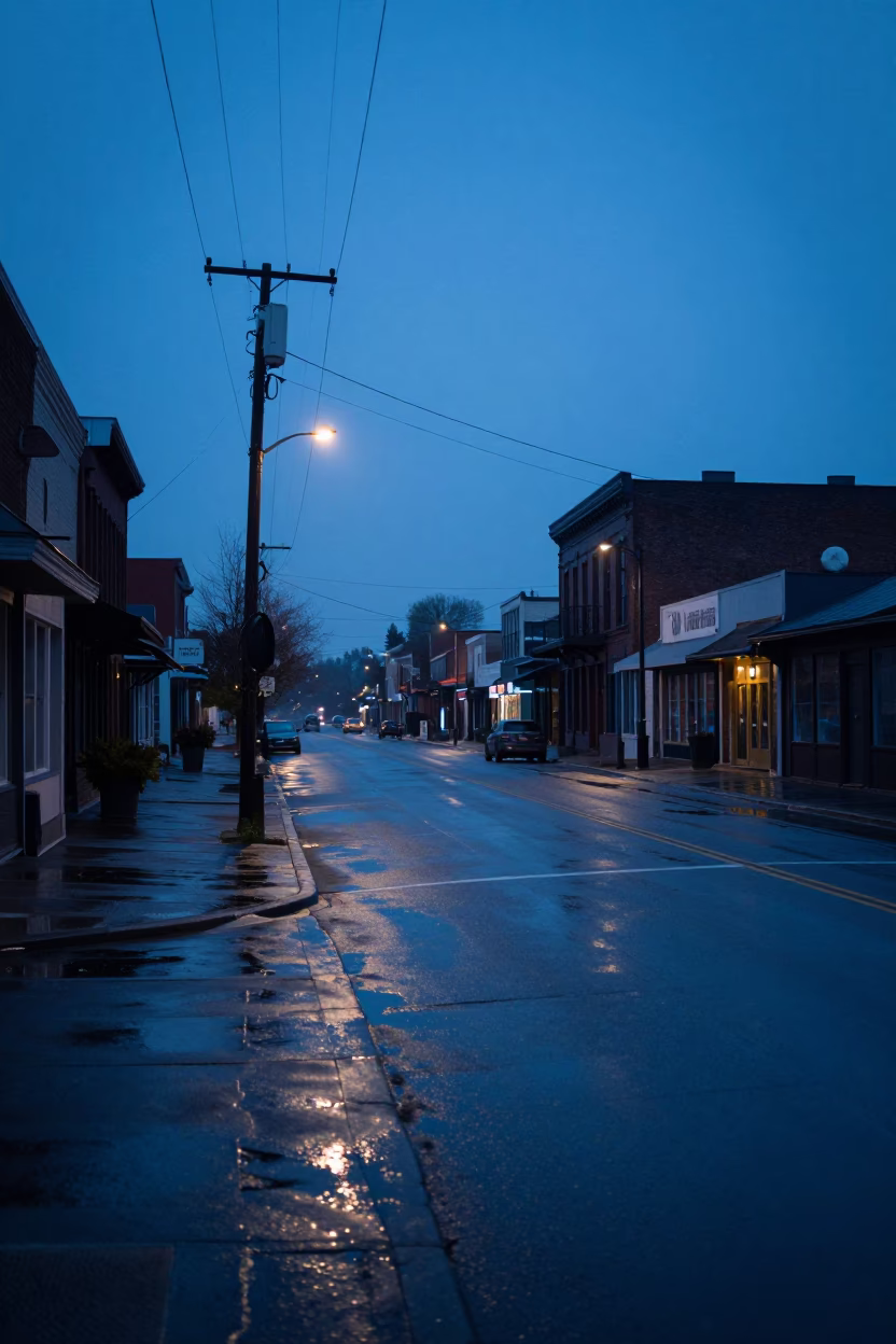 Pre-dawn Nashville Tennessee street scene with wet pavement and utility infrastructure in in Nashville, Tennessee, United States