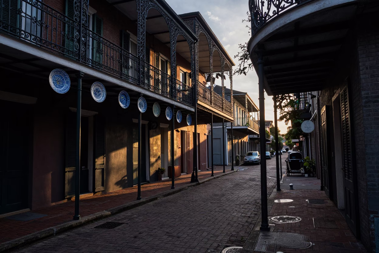 Pre-dawn New Orleans Ironwork and Majolica Plates in Historic Quarter Alley in in New Orleans, Louisiana, United States