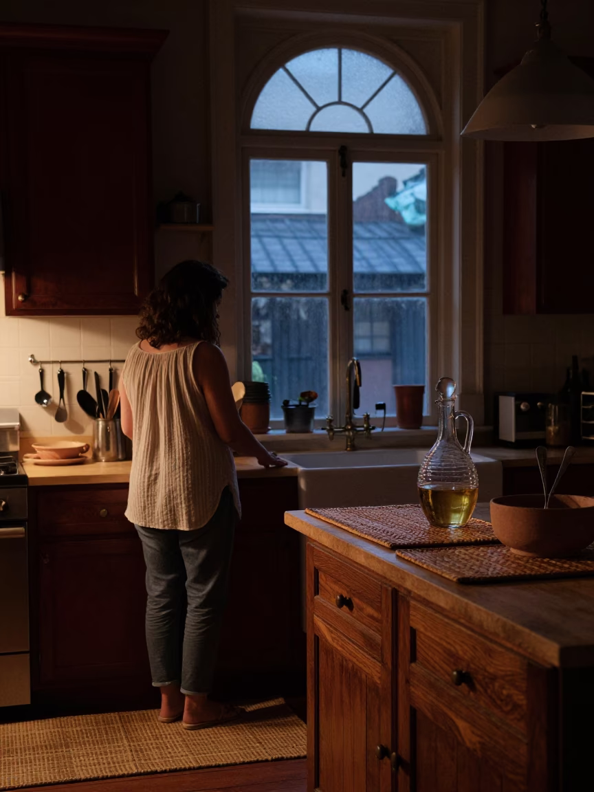 Pre-dawn New Orleans Kitchen With Woven Mats And Decanter in in New Orleans, Louisiana, United States
